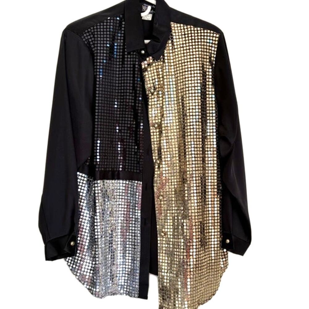 Silver Threads Vintage Black Gold Sequin Colorblock Long Sleeve Top 14 USA